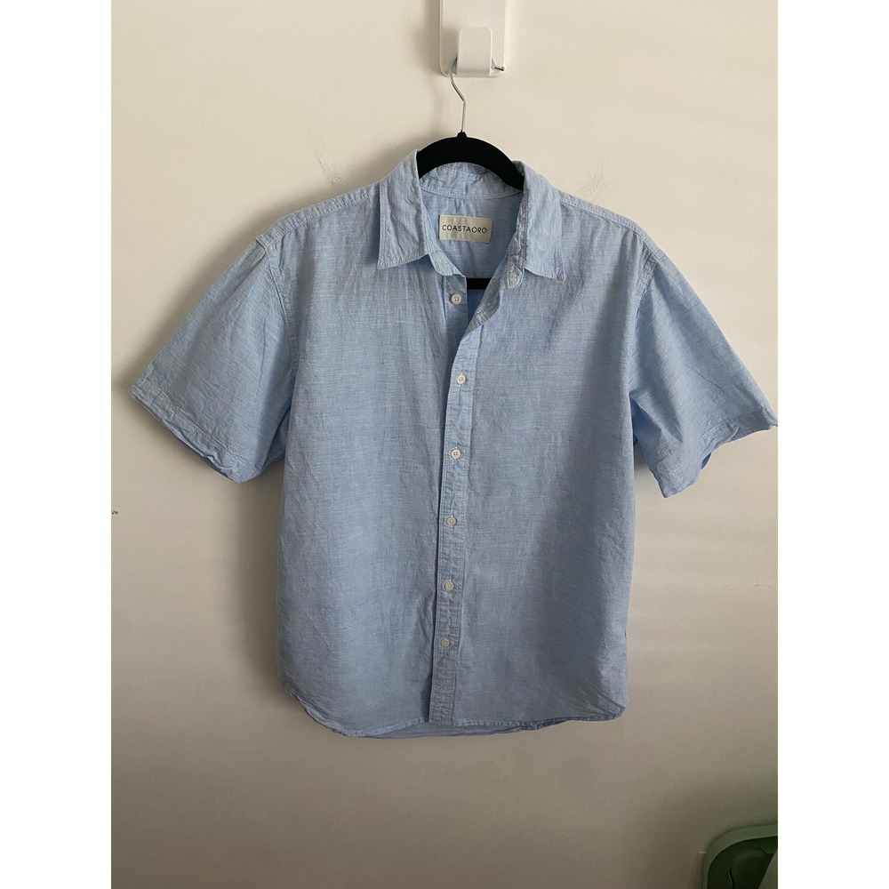 Coastaoro Mens Light Blue Cotton‎ Linen Blend Short Sleeve Button Down Shirt L